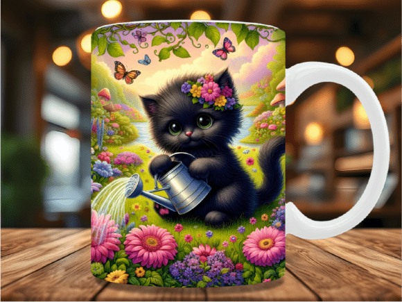 Cute Kitten Watering Flowers Mug Wrap Design