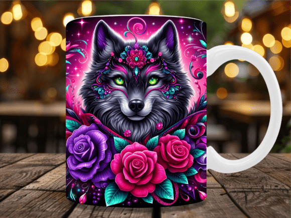 Neon Fantasy Wolf Purple Rose Mug Wrap